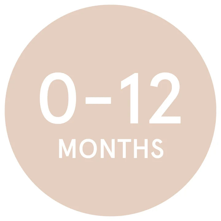 A circular beige label with white text reading '0-12 MONTHS' on a white background.