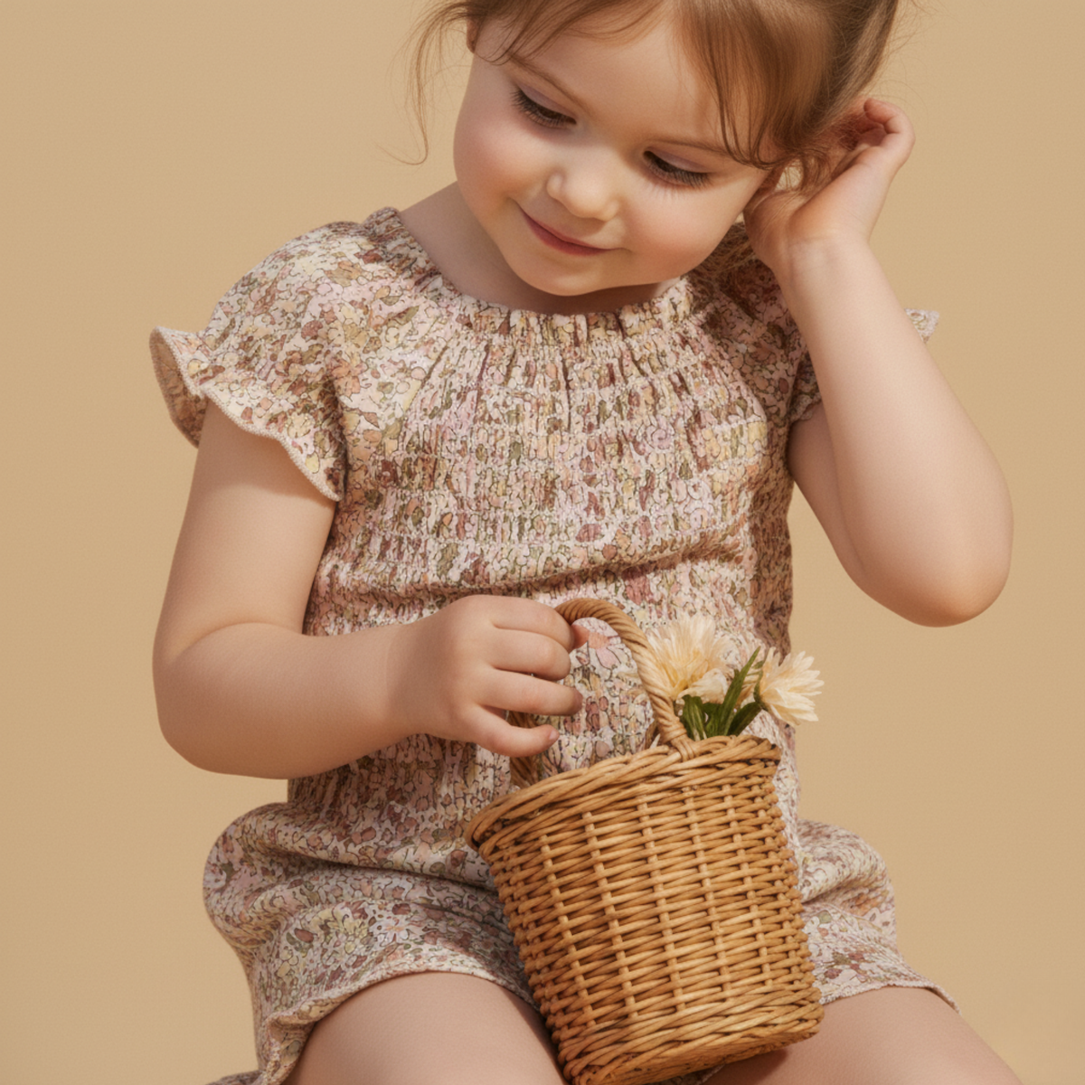 Young girl in a floral dress holding a wicker basket with flowers on a beige background
