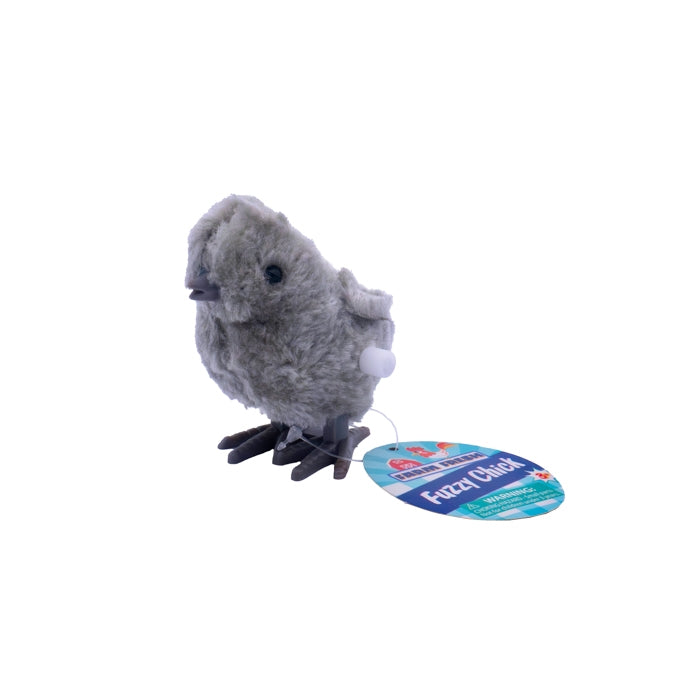 Plush toy bird with a tag on a white background