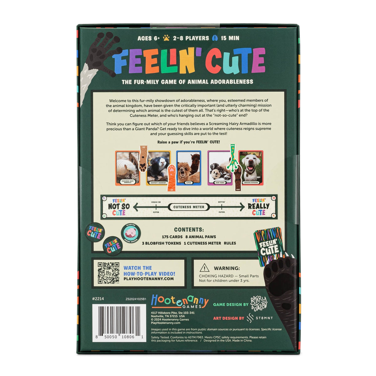 Game box for 'Feelin' Cute' with colorful text and animal illustrations on a white background