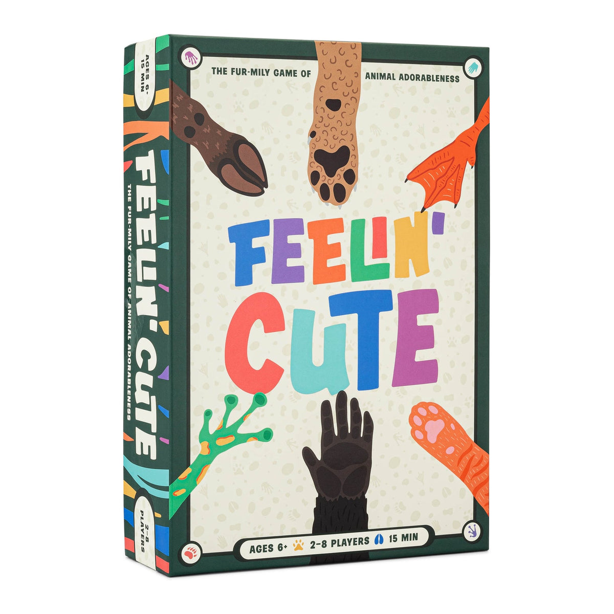 Board game box titled 'Feelin' Cute' with colorful text and animal illustrations on a white background.