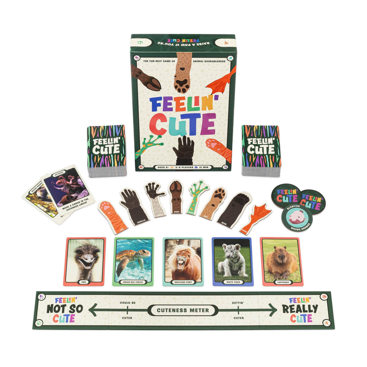 Collection of 'Feelin' Cute' themed items including cards, stickers, and a ruler on a white background.