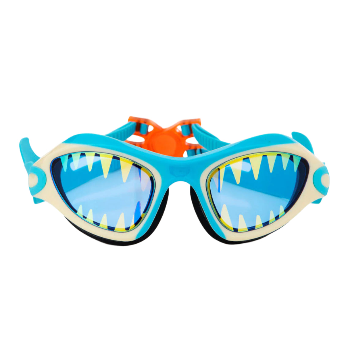 Blue swim goggles with shark design on a white background