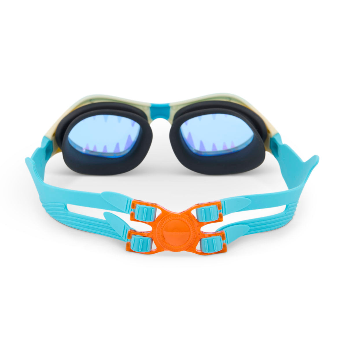 Swimming goggles with blue frame and orange buckle on a white background