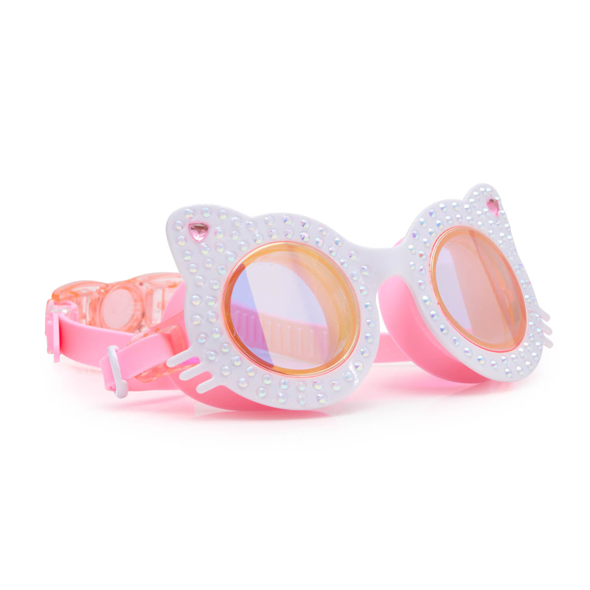 Pink and white cat-eye sunglasses with rhinestone embellishments on a white background