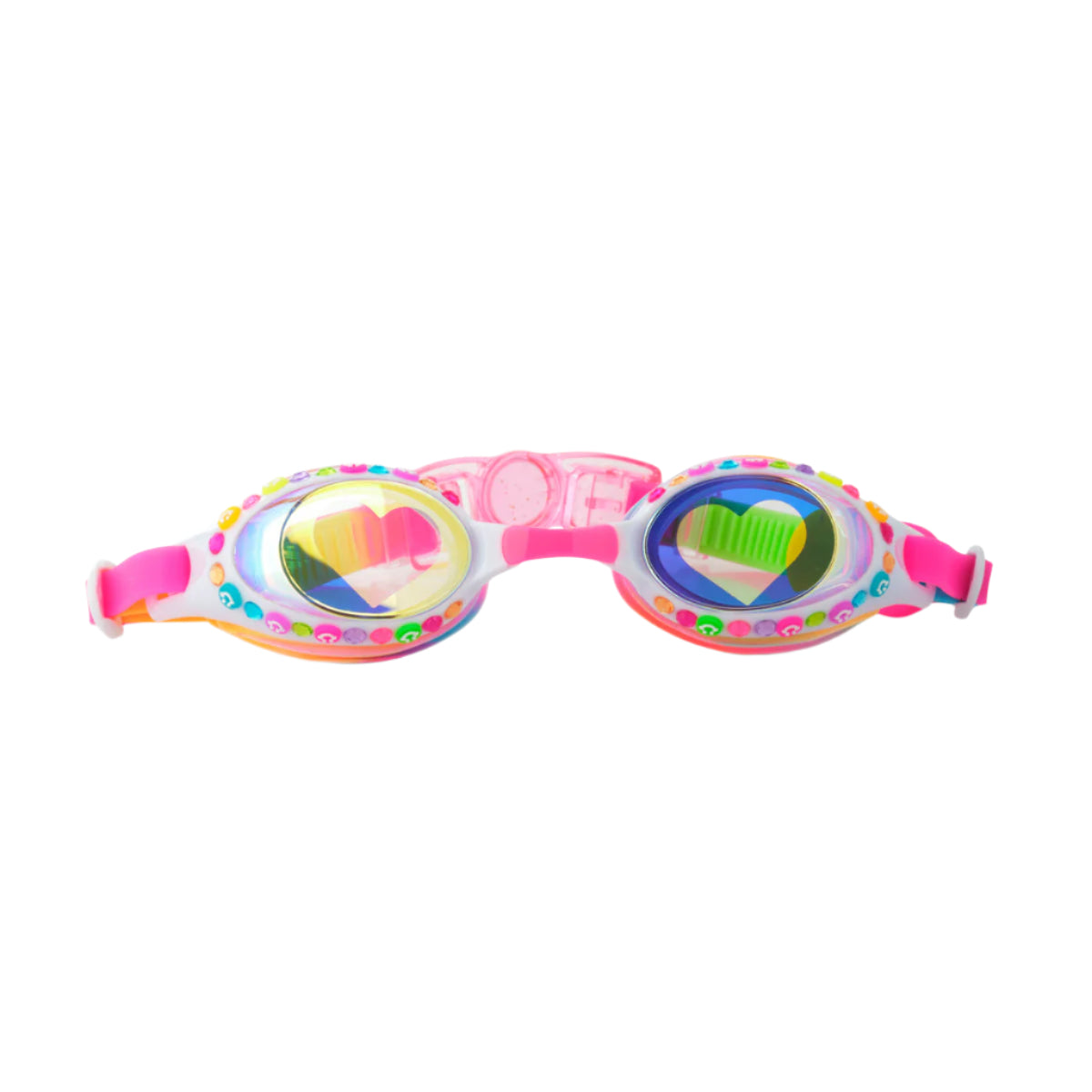 Colorful swim goggles with heart design on a white background
