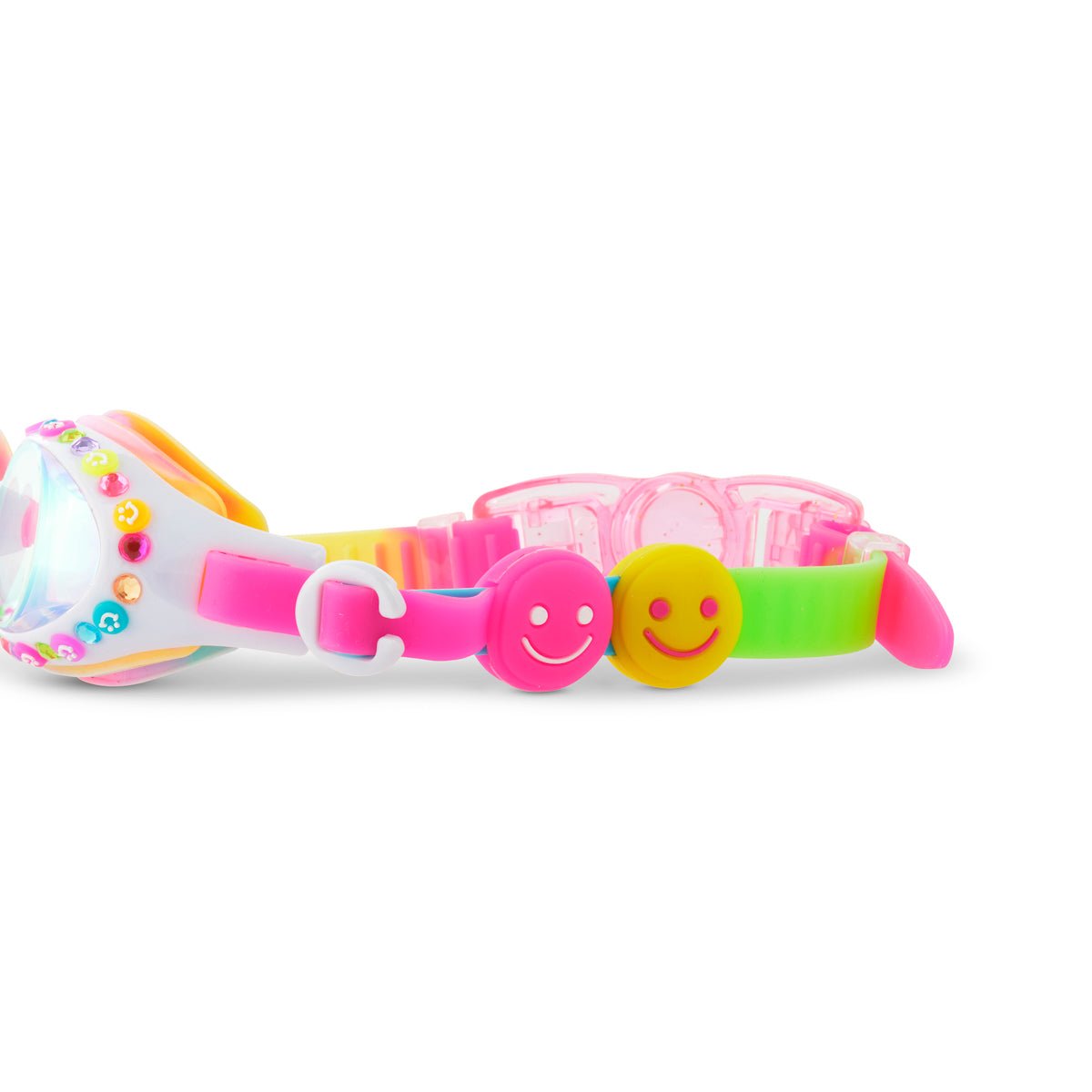 Colorful children's goggles with smiley face designs on a white background