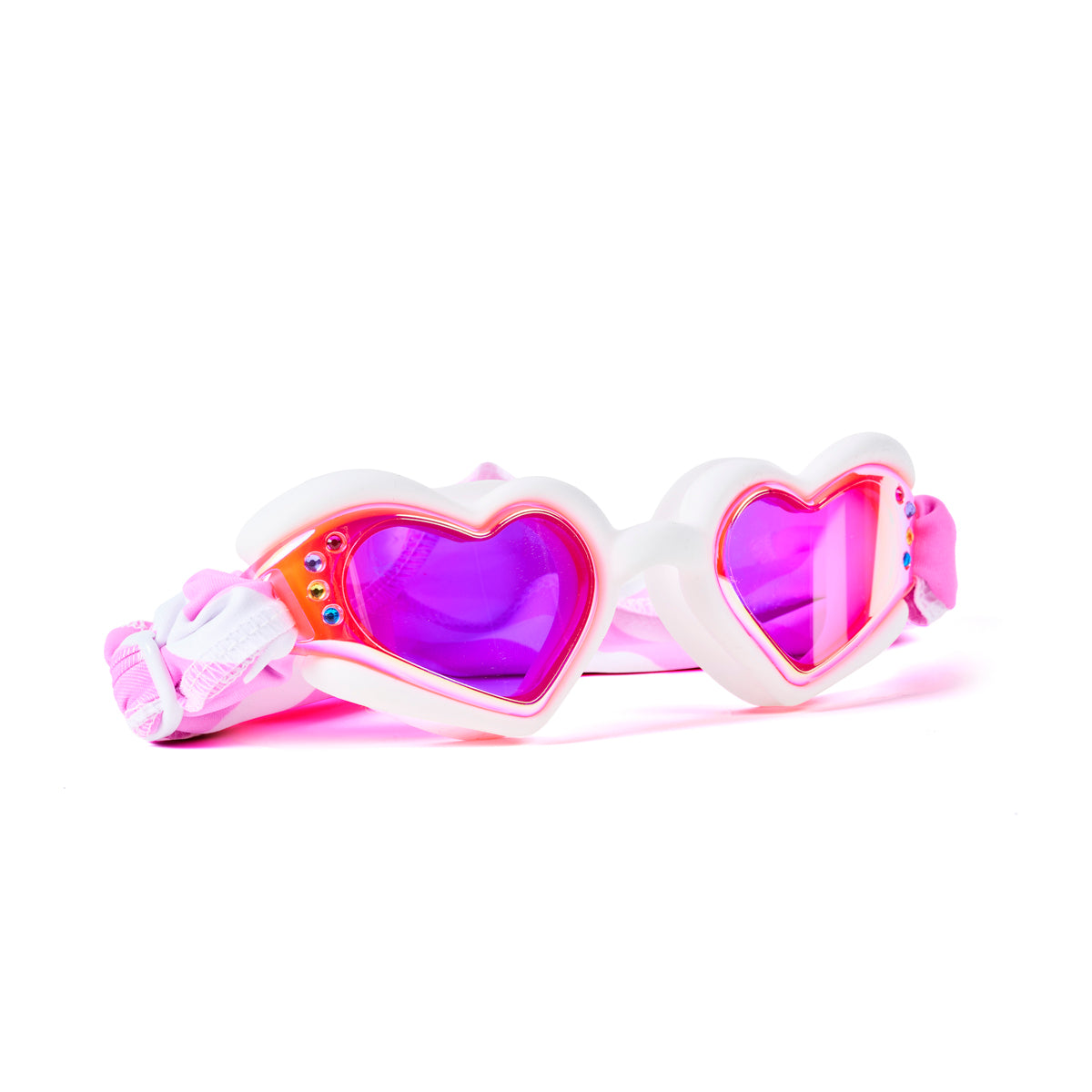 Heart-shaped sunglasses with pink lenses on a white background