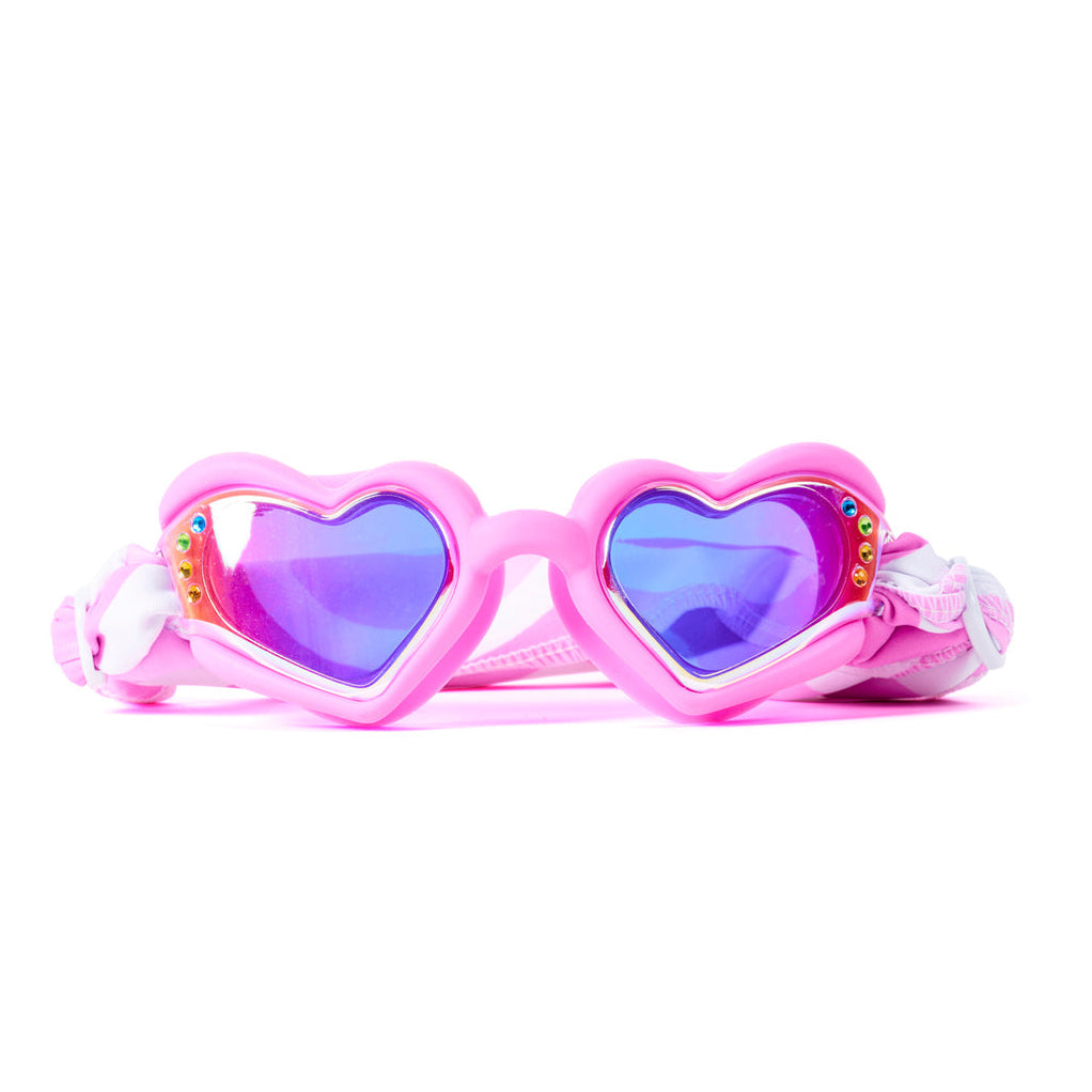 Pink heart-shaped goggles with purple lenses on a white background