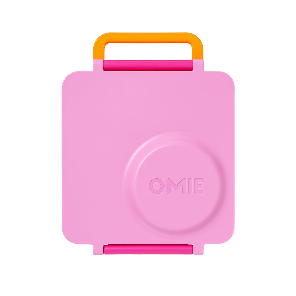 A pink square OMIE container or case with a bright orange handle and magenta accents, shown on a plain white background.