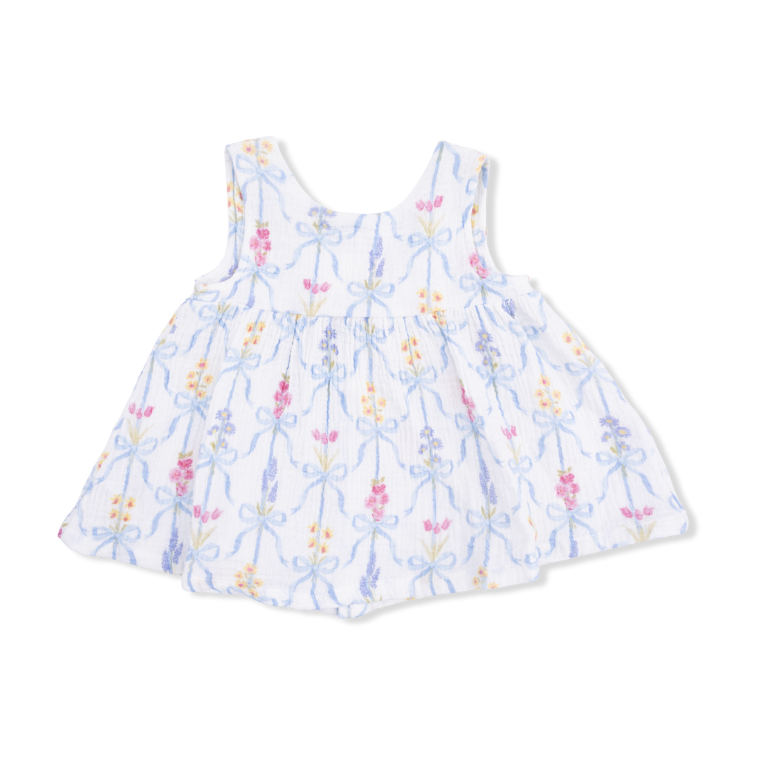 White dress with colorful floral pattern on a white background