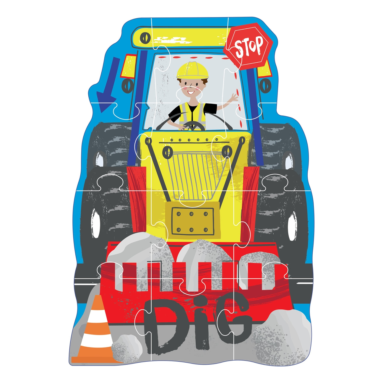 Children's puzzle with a construction vehicle and worker design on a white background