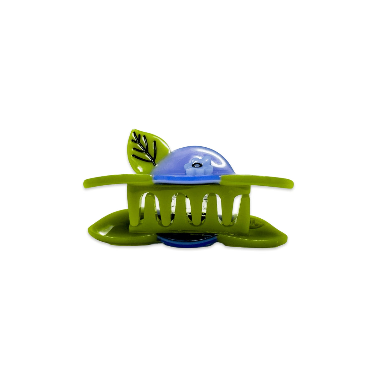 Green hair clip with a blue ball on a white background