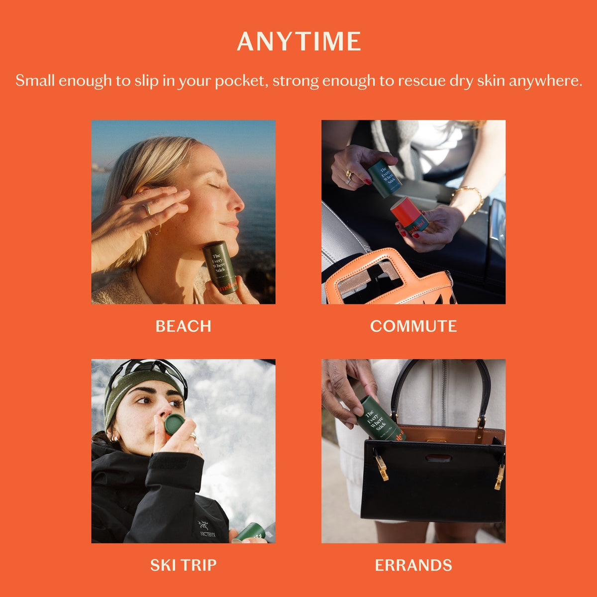 Promotional graphic for a skincare product with usage scenarios on an orange background.