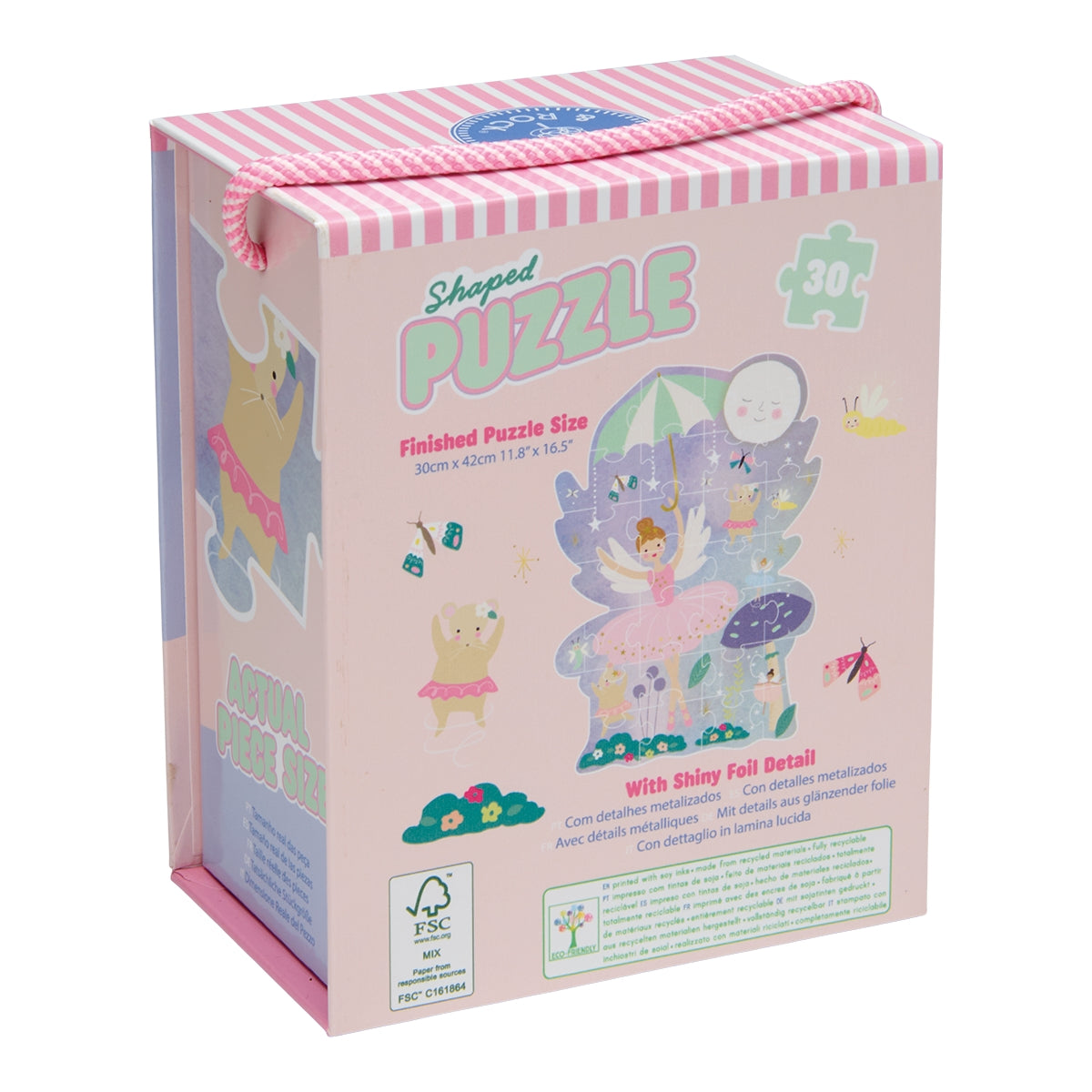 A pink puzzle gift box with a striped top and illustrated fairy-themed artwork on the front, photographed on a clean white background.