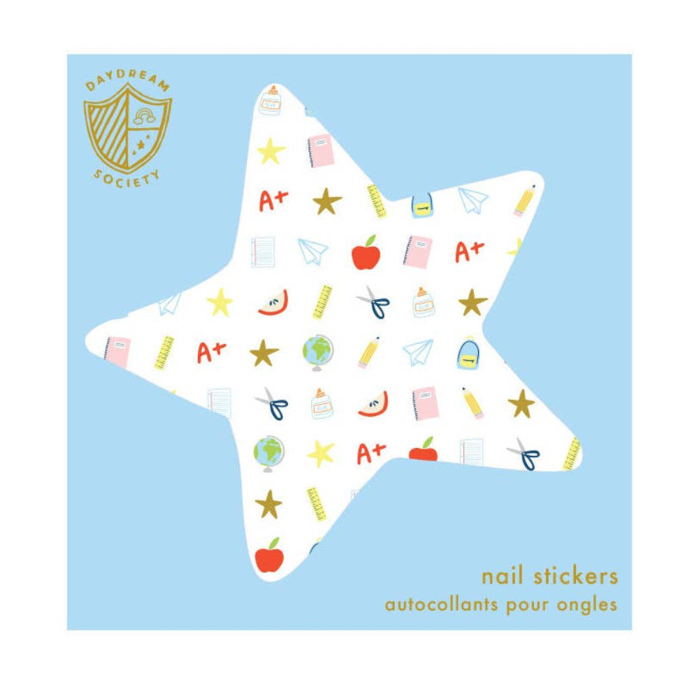 A star-shaped nail sticker with a white background and a colorful school-themed pattern, displayed on a light blue square card with the Daydream Society logo and text.