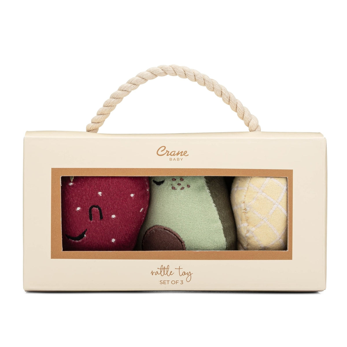 Set of three soft toys in a box with 'Crane' branding on a white background