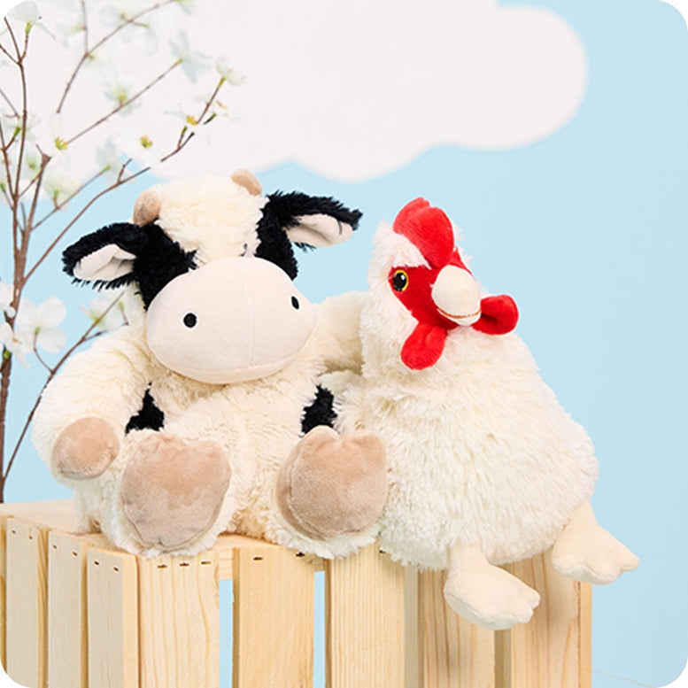 A fluffy white Warmies chicken plush toy with a red comb and wattle sitting next to a black-and-white spotted cow plush toy on a wooden crate against a light blue backdrop.