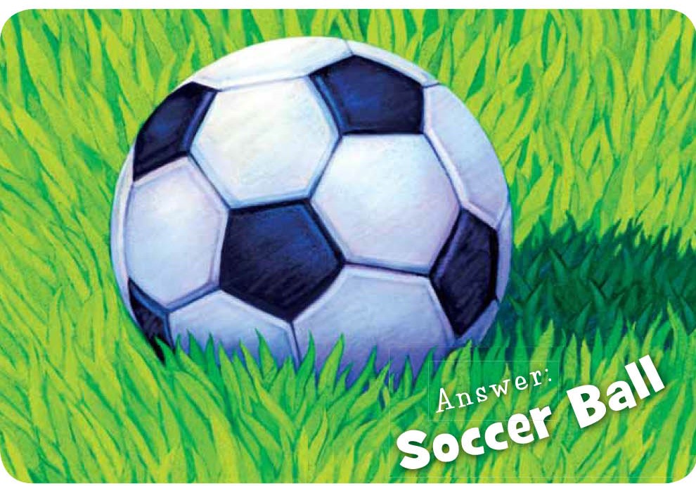Soccer ball on grass with 'Answer: Soccer Ball' text