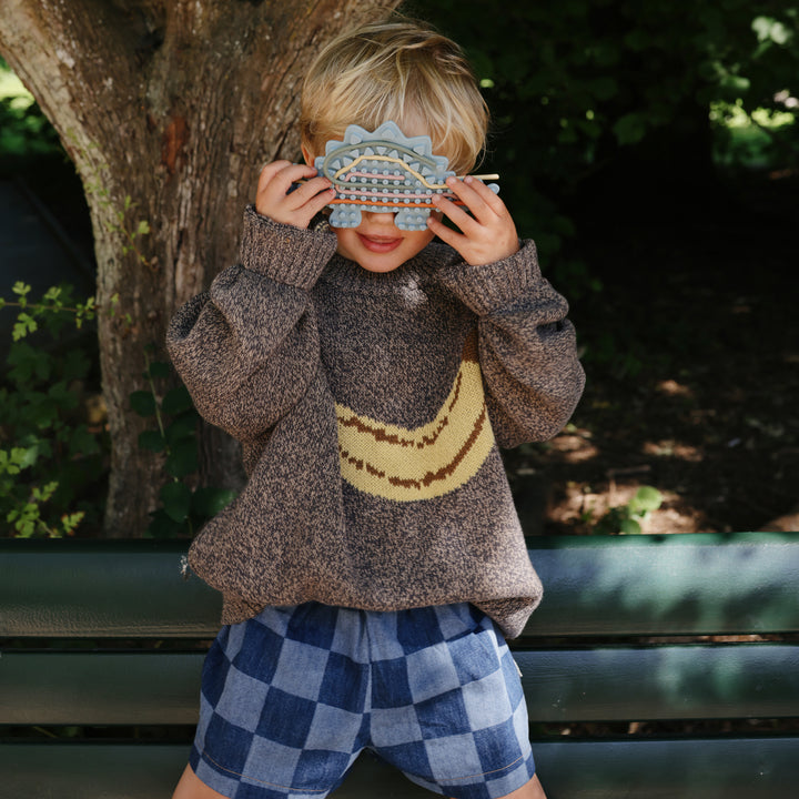 A young child wearing a brown knit sweater with a yellow chevron pattern and blue checkered shorts, sitting on a park bench and holding a decorative object over their eyes, with a tree and greenery in the background.