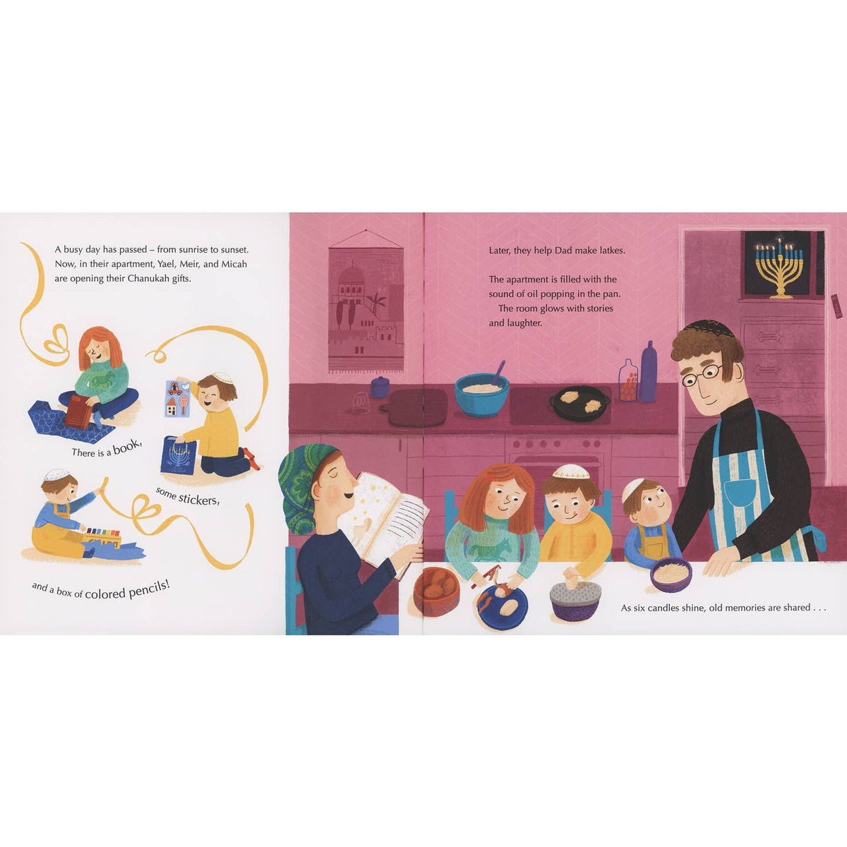 Illustrated book page showing a family in a kitchen preparing for Hanukkah.