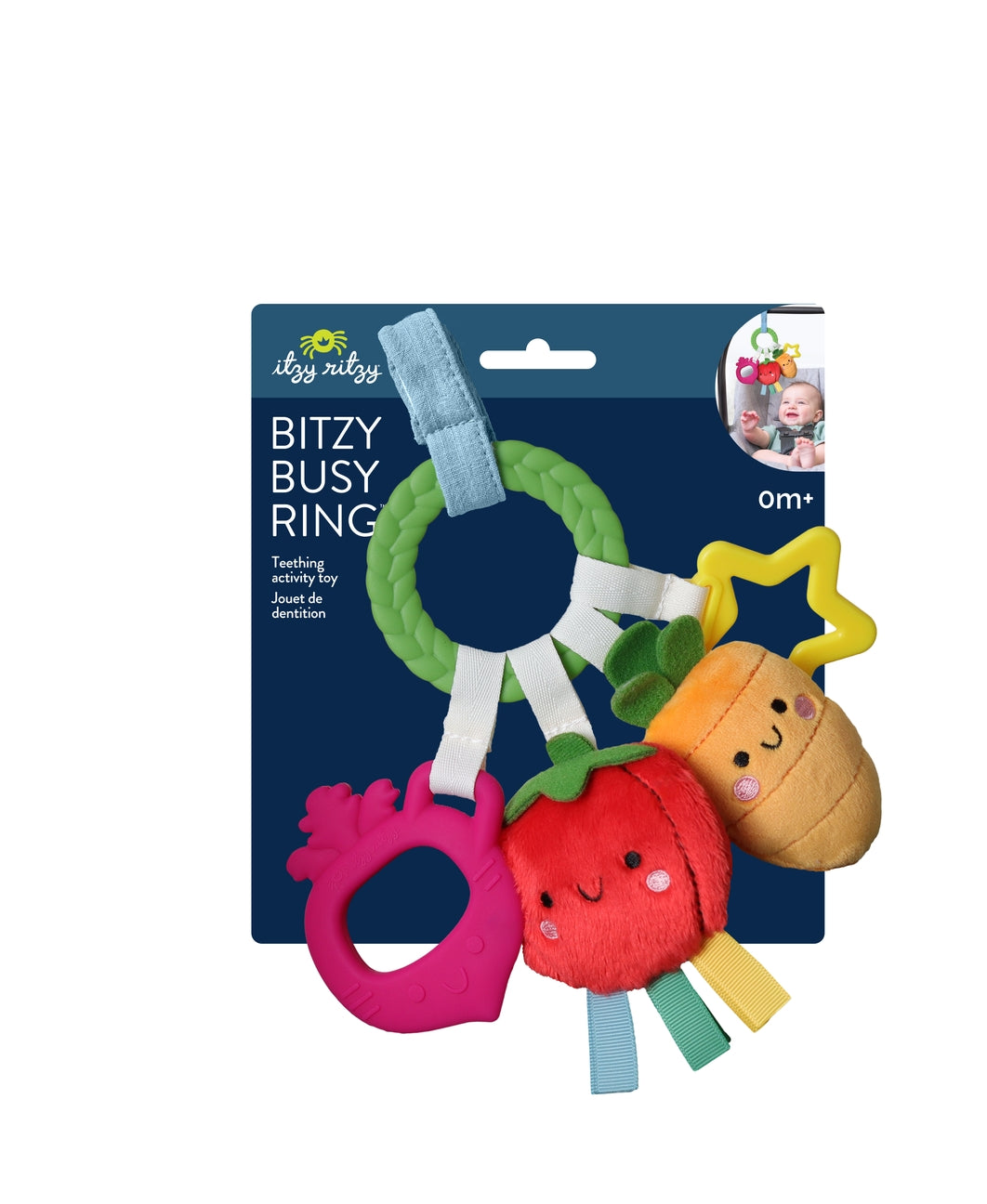 Colorful baby teething ring toy with packaging on a white background