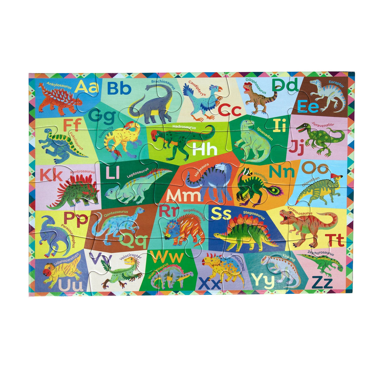 Children's puzzle with alphabet letters and colorful dinosaur illustrations on a white background