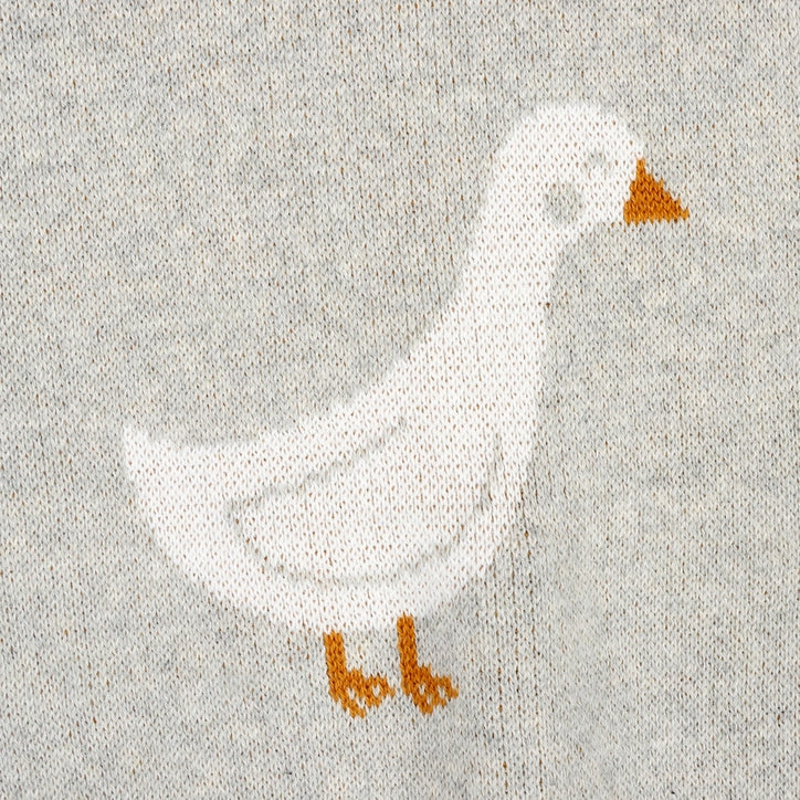 White goose with orange feet and beak on a light gray background