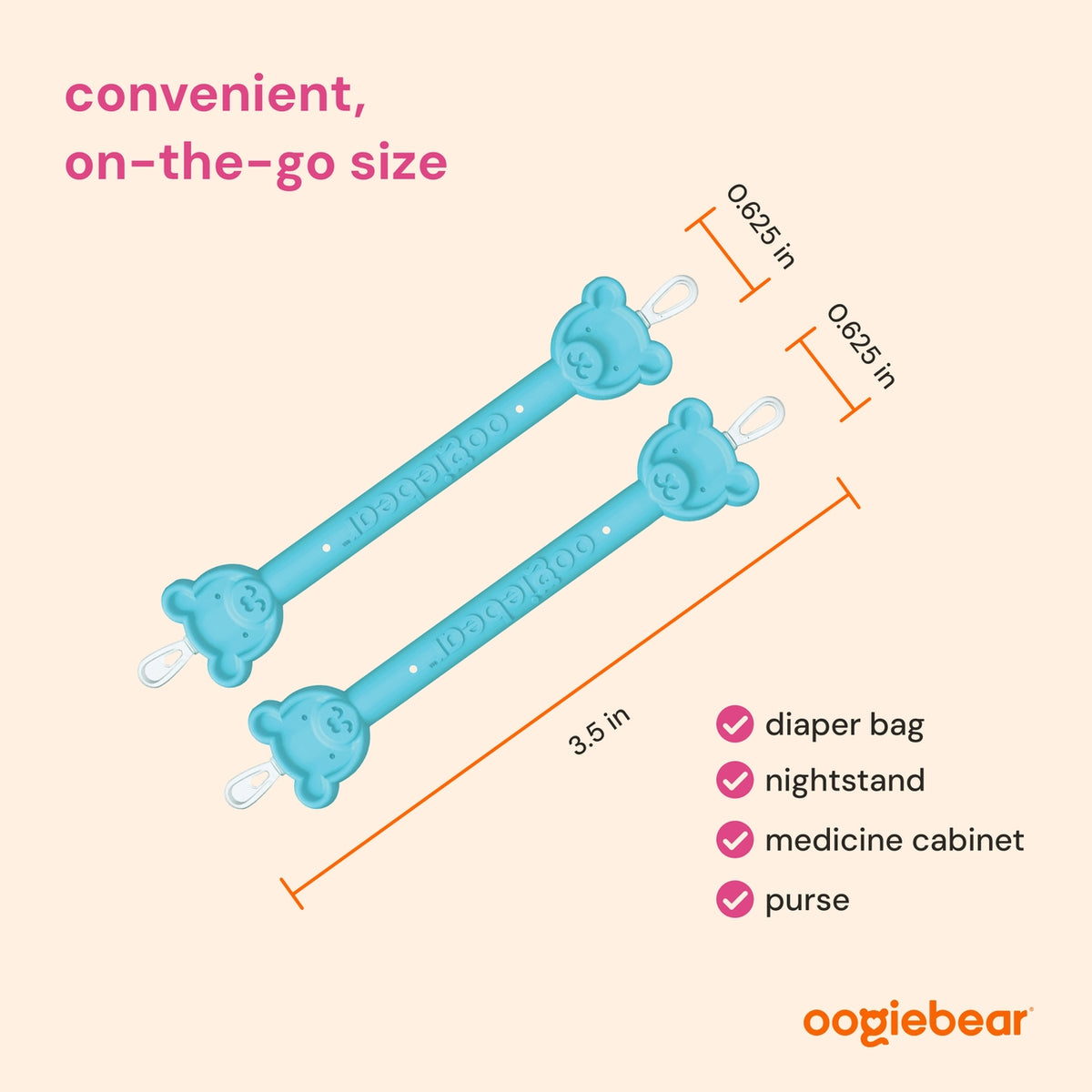 Measurement chart showing the size of blue bear-shaped objects with dimensions and uses listed, branded as oogiebear.