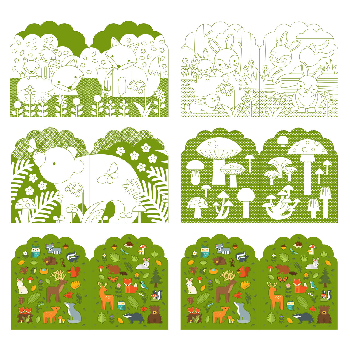 Set of forest-themed cards with animals and nature illustrations on a green background.