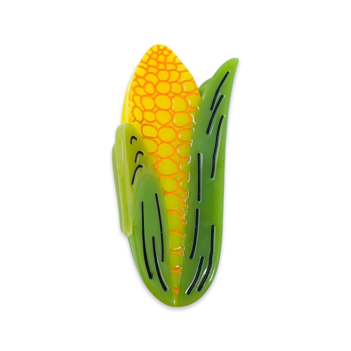 Corn-shaped toy with yellow kernels and green leaves on a white background