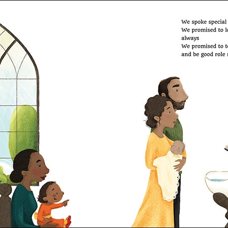 Illustration of a family at a church with a priest, featuring a stained glass window and text about love and care.