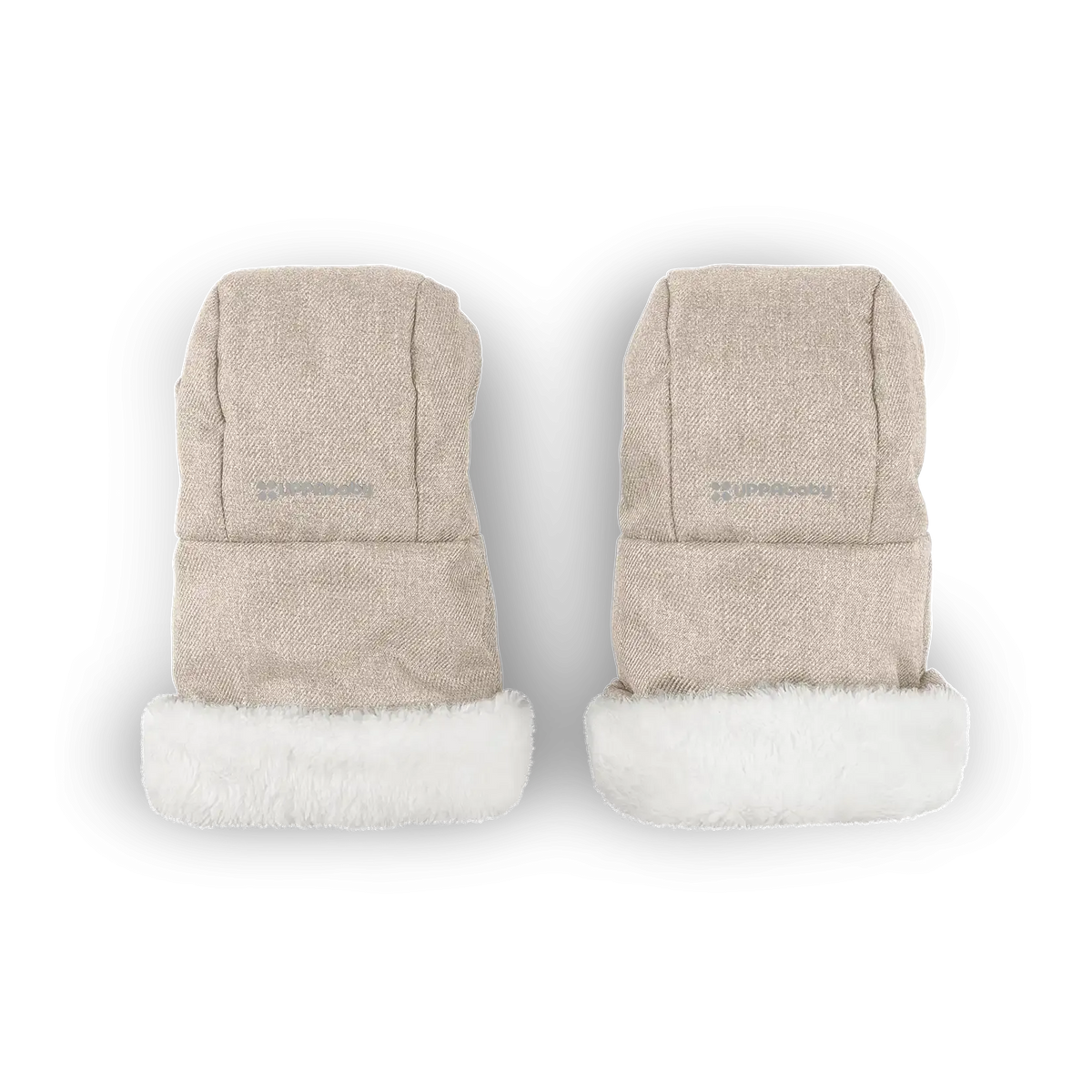 A pair of beige knit mittens with white faux-fur trim, shown from the back on a clean white background.