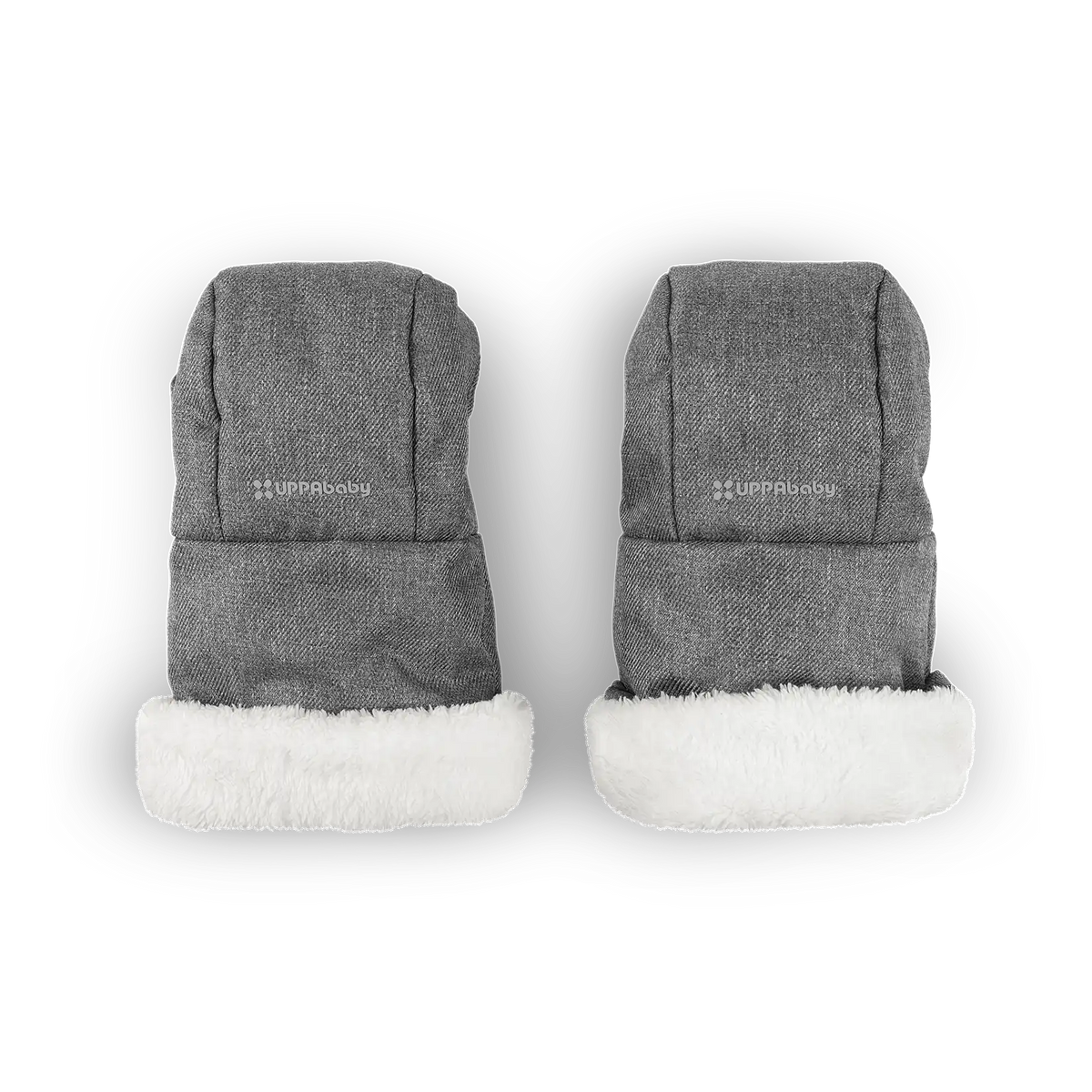 A pair of gray knit baby mittens with white faux-fur trim, shown flat against a white background. The brand name 'unpridebaby' is printed in white on the front of each mitten.