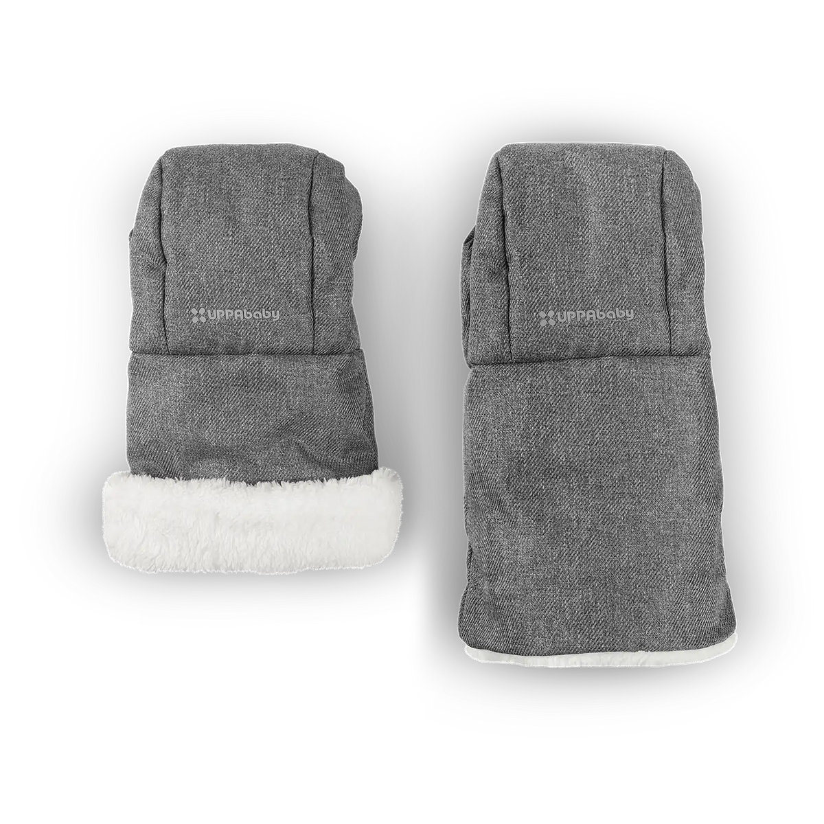 Gray baby booties with white soles on a white background