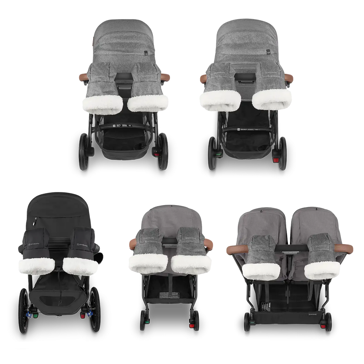 Set of strollers with gray and black seats on a white background
