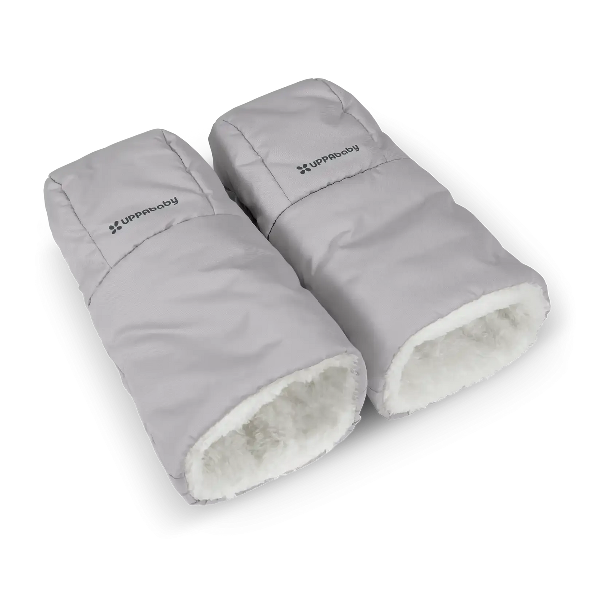 A pair of light gray insulated gloves with white sherpa lining, shown on a clean white background. The brand name 'UPPAbudhy' is printed in black on the upper cuff of each glove.