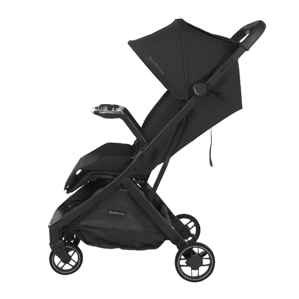 An UPPAbaby Minu V3 stroller in black, shown from a side profile against a plain white background with an attached snack tray on the front.
