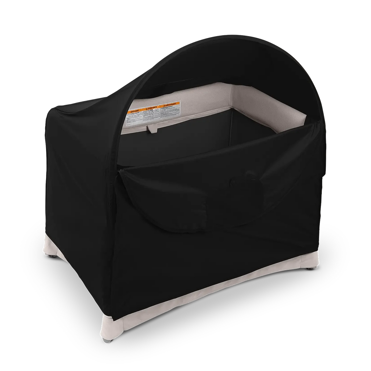 A black room-darkening canopy fitted over an UPPAbaby Remi V2 playard against a dark checkered background.