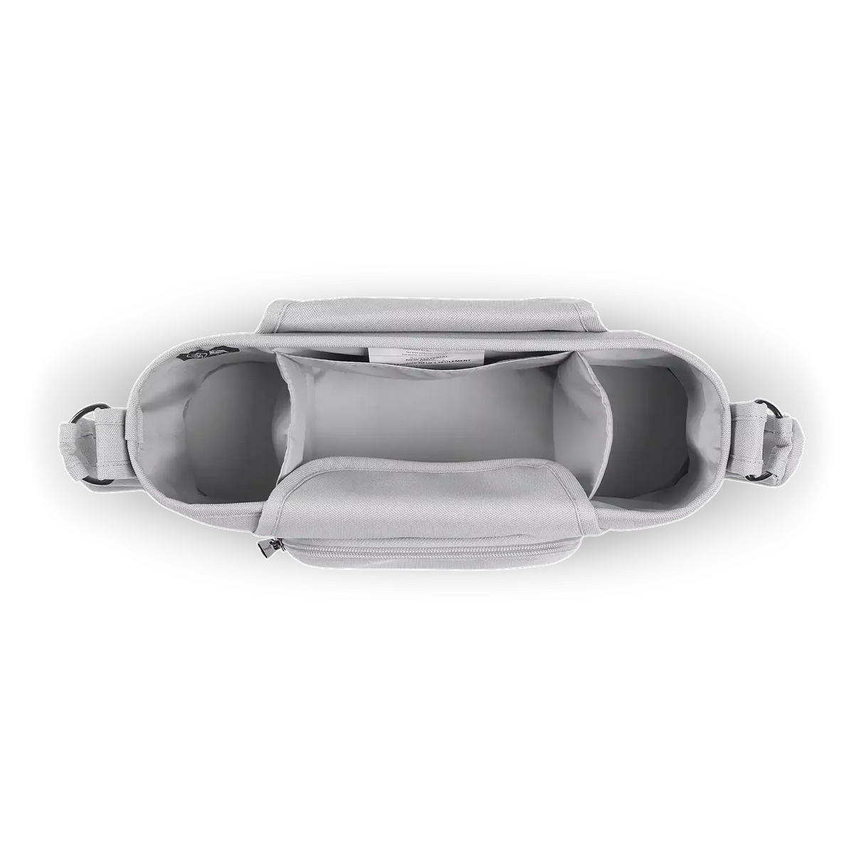 Gray baby seat with straps on a white background