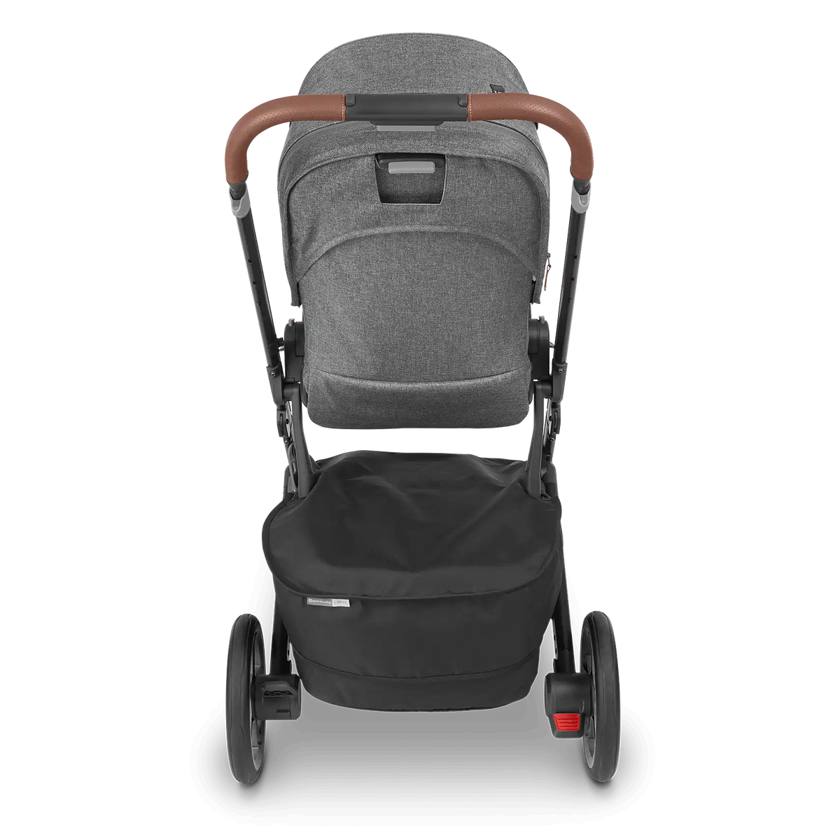 Gray stroller with brown handle on a white background