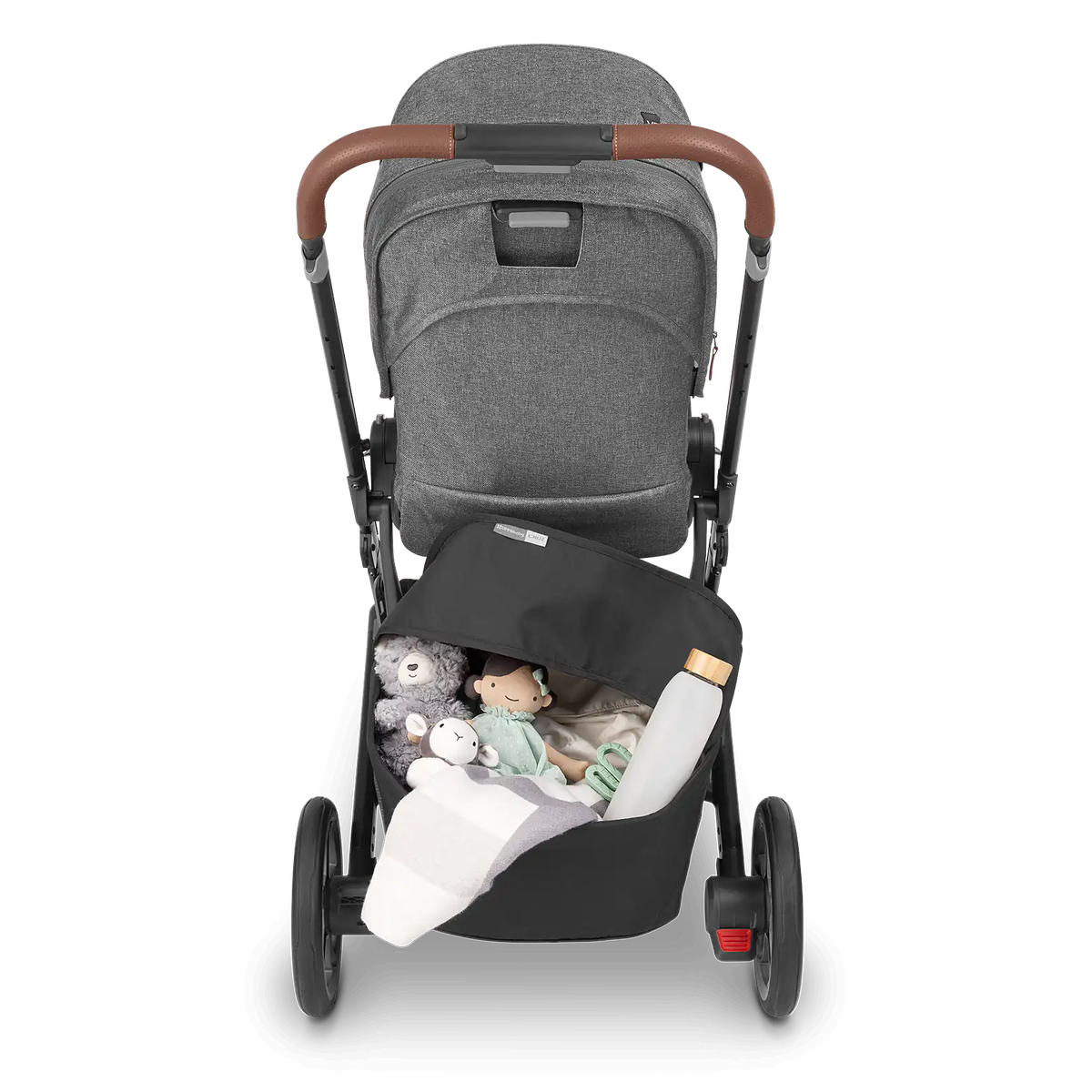 Gray stroller with wooden handle on a white background