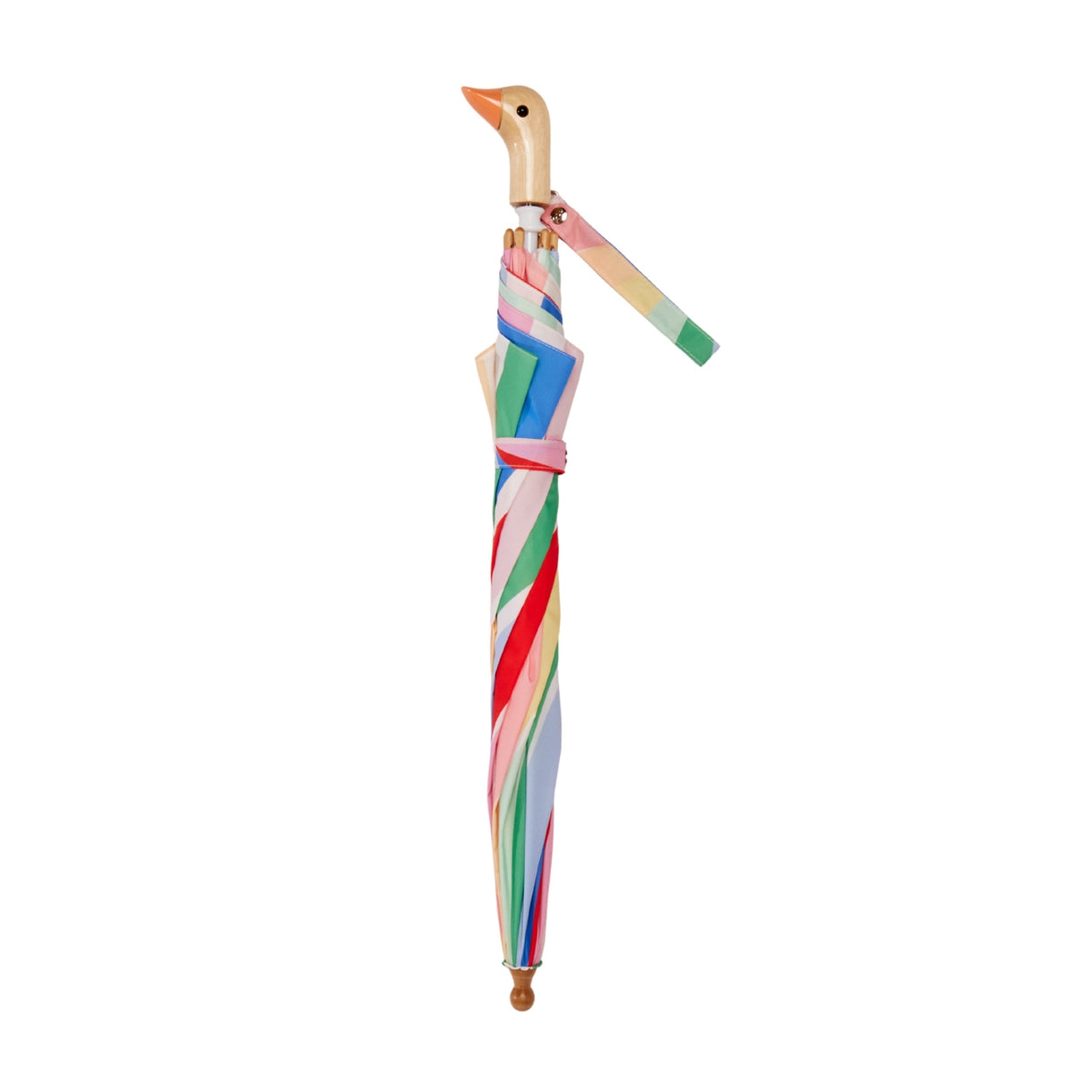Colorful striped umbrella with a wooden handle on a white background