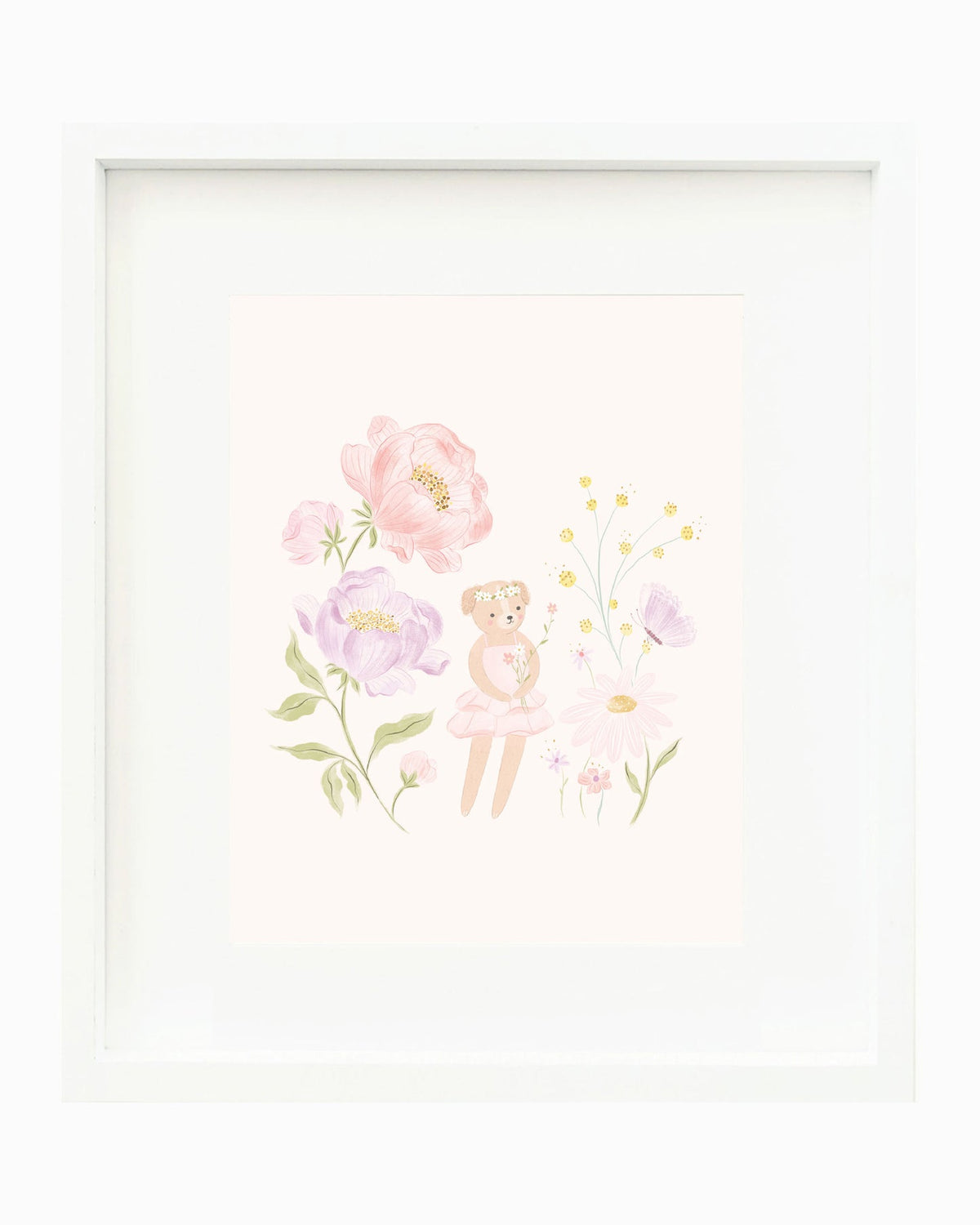 A framed art print featuring a watercolor illustration of a teddy bear surrounded by soft pink and purple flowers on a cream background, enclosed in a white frame.