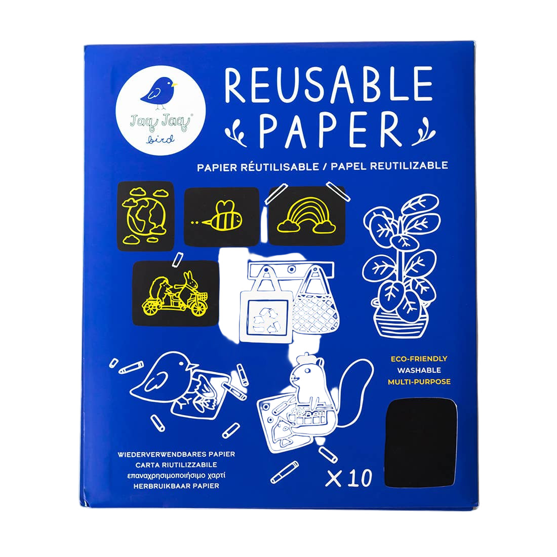 Reusable paper package with illustrations and text on a blue background