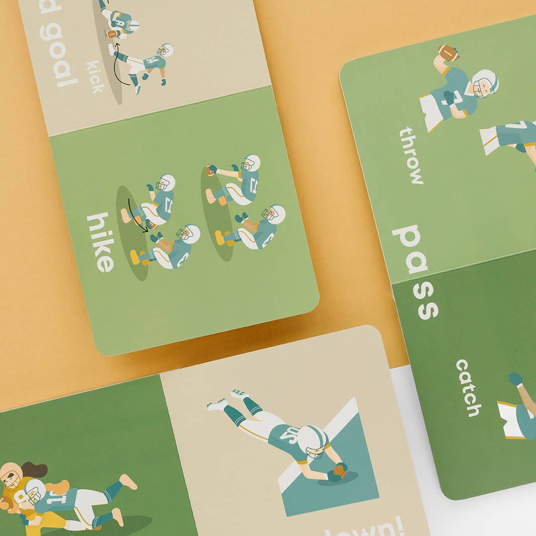 Set of cards with football illustrations and action words on a beige and brown background
