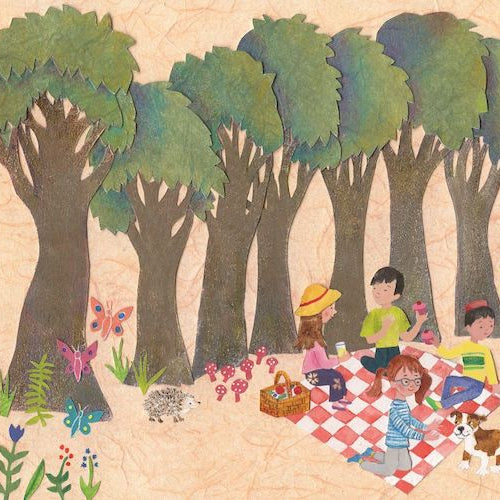 A colorful illustration from the book A Walk In The Forest showing a landscape with beech trees, a picnic on a checkered blanket, children playing and reading, an owl on a swing, and a badger, accompanied by the text: "10 leafy Beech trees giving shade to us all."