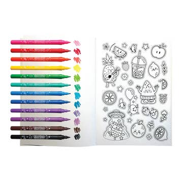 Set of colorful markers with a coloring book featuring cartoon characters on a white background