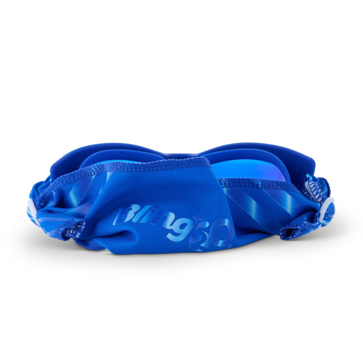 Blue swim cap with 'Bling20' branding on a white background