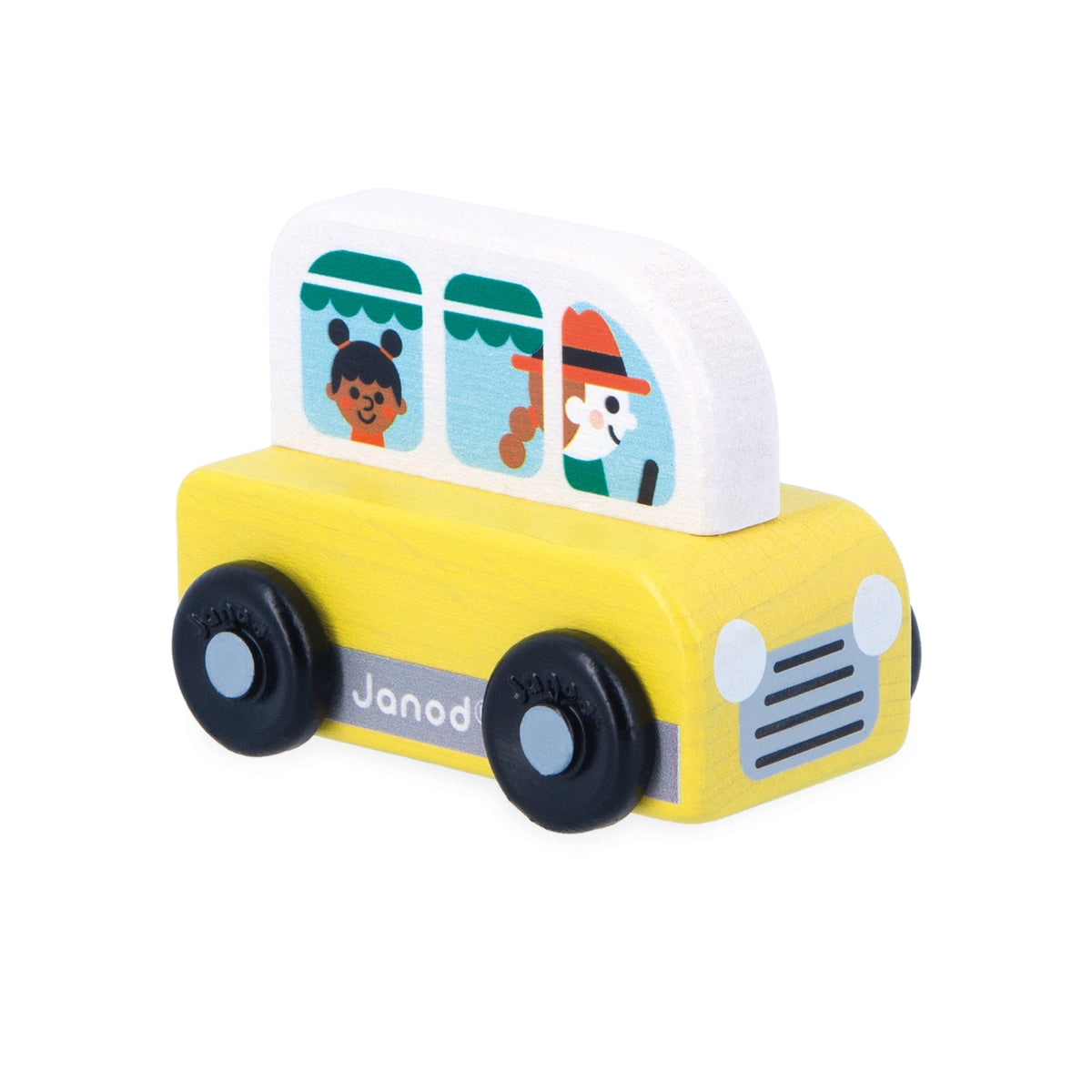 Yellow toy bus with a transparent cabin featuring cartoon characters on a white background, branded 'Janod'.